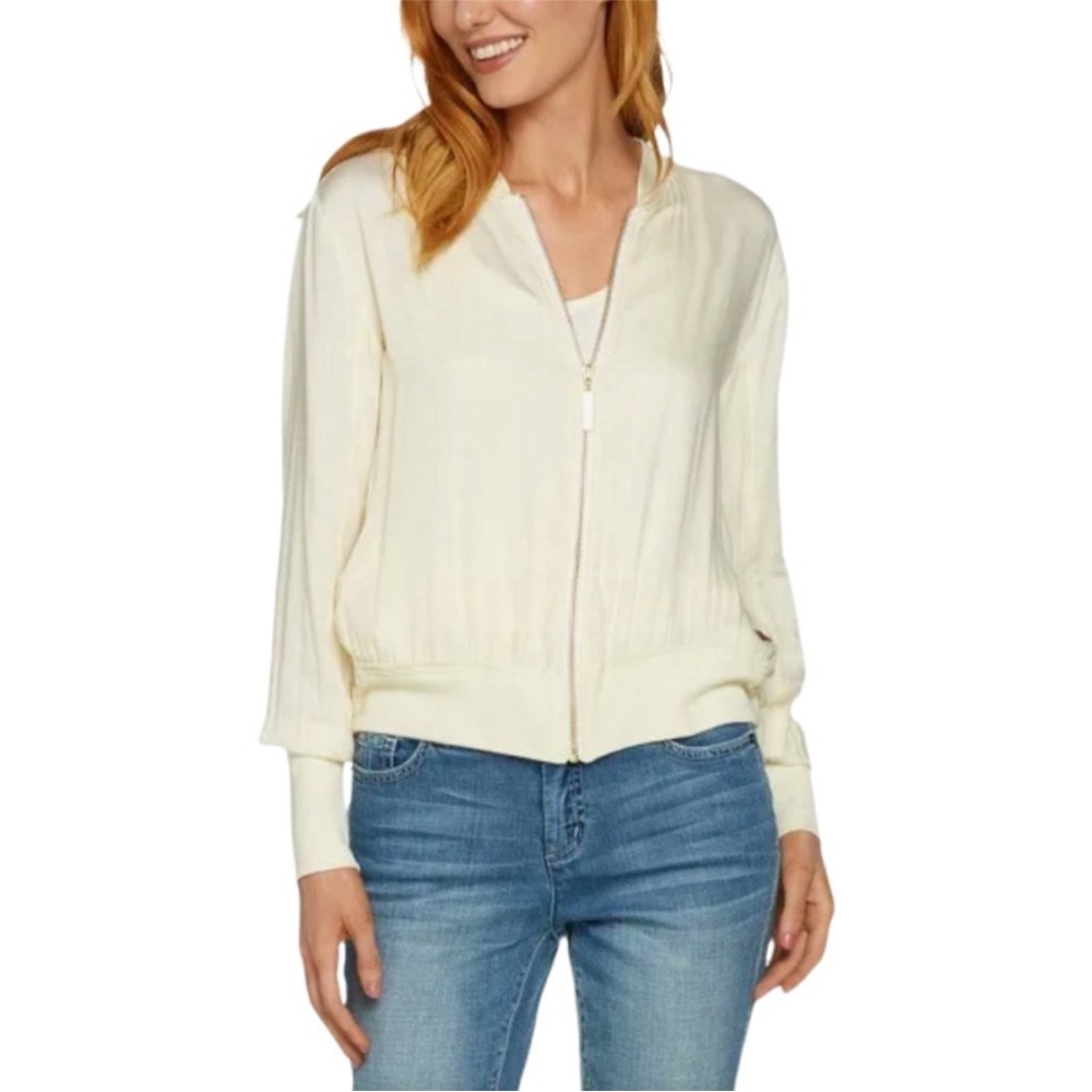 Peace Love World Zip Front Bomber Jacket Pale Banana Lightweight Small NWOT - Picture 2 of 10